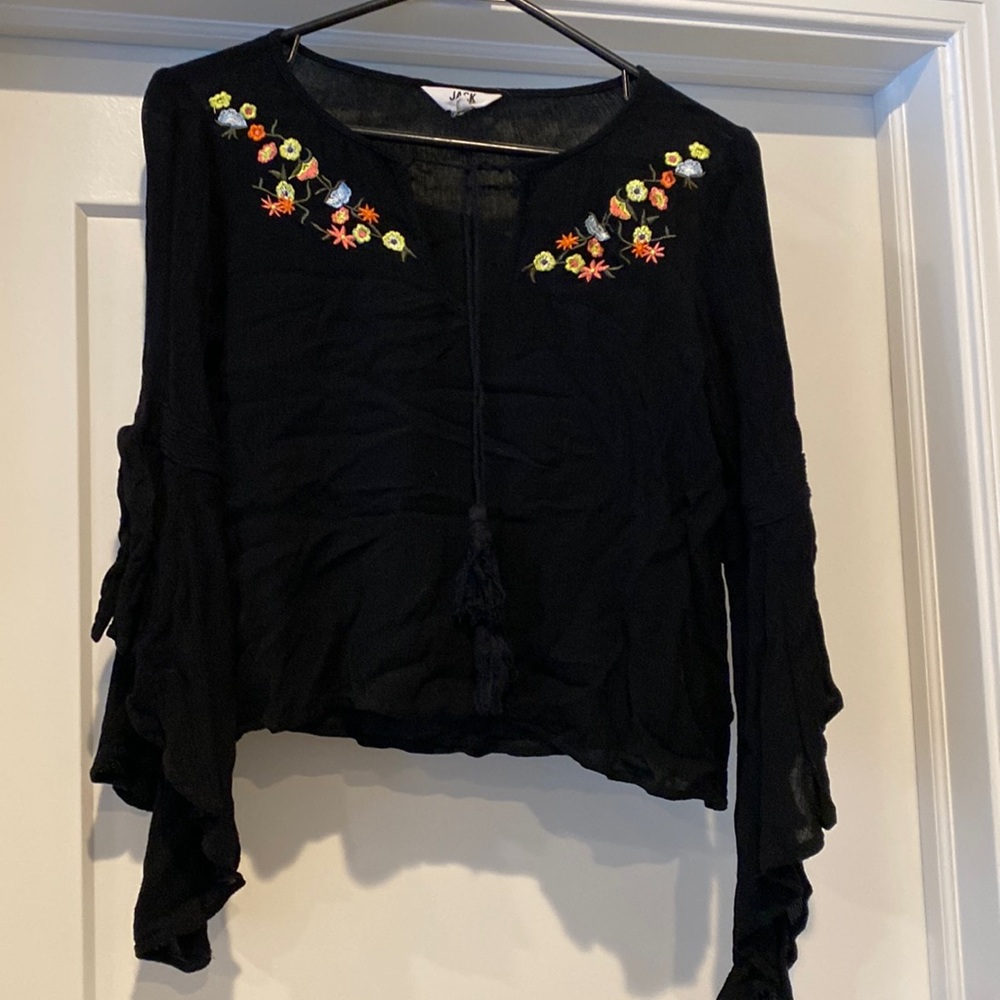 Black gauze top with embroidery and boho details